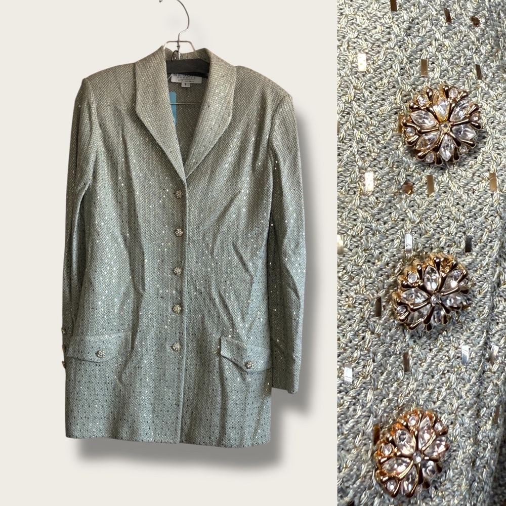 St. John Collection Metallic Gray Iridescent with Floral Rhinestone Buttons Sz 8